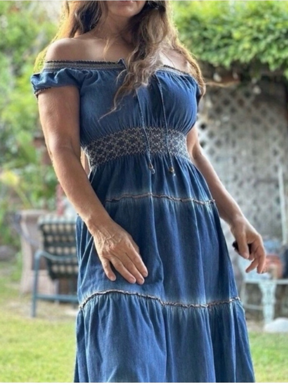 Off-Shoulder Tiered Midi Dress in Denim Blue